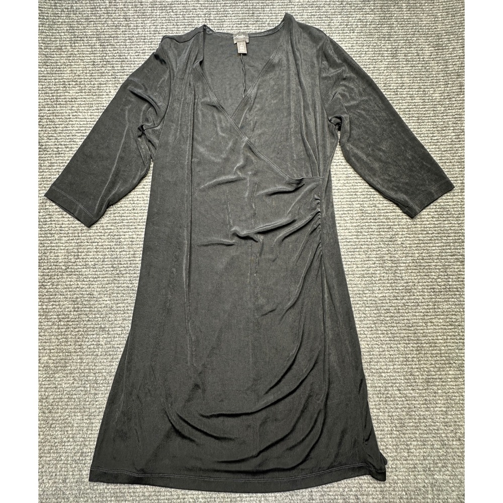 Chico's Travelers Dress Women 2 Petite Black Faux Wrap V-Neck 3/4 Sleeve